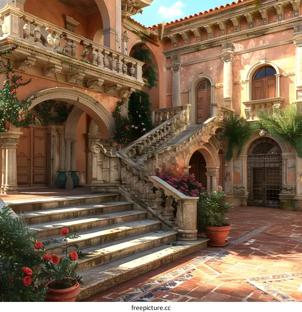 European style courtyard with stairs and flowers