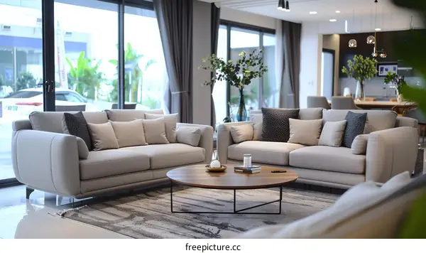 Cozy Modern Scandinavian Living Room with Sofa and Green Plants