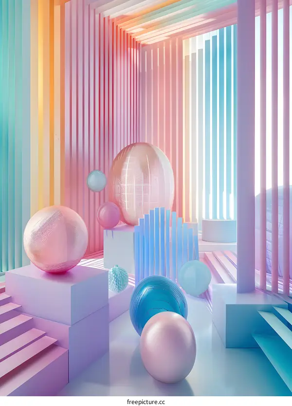 Abstract Pastel Pink Blue and Yellow 3D Room with Geometric Shapes