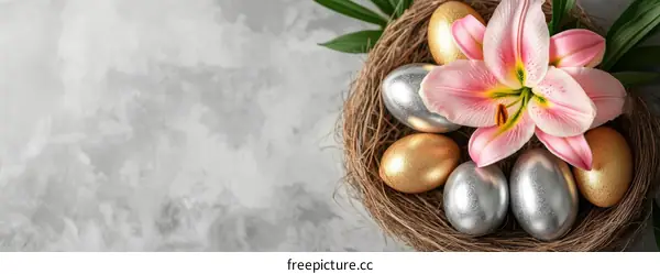Easter Eggs in a Nest with a Pink Lily