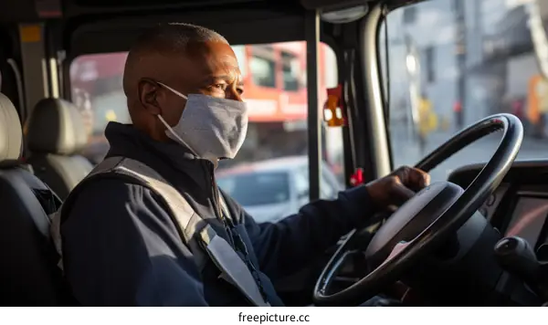 A bus driver wearing a mask is driving a bus.