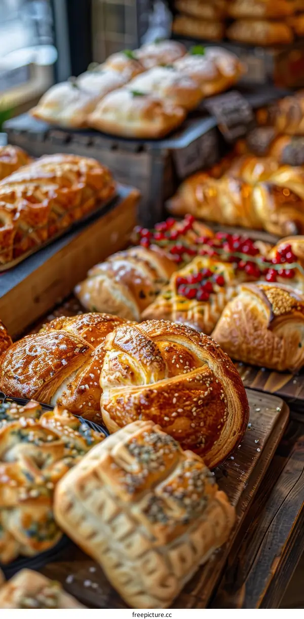 A variety of pastries and breads on wooden shelves in a bakery.