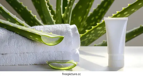Aloe Vera Plant with Cream Tube and White Towels