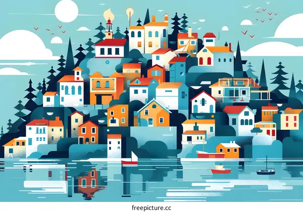 Colorful Illustration of a Small Town on a Hilltop with Boats in the Water