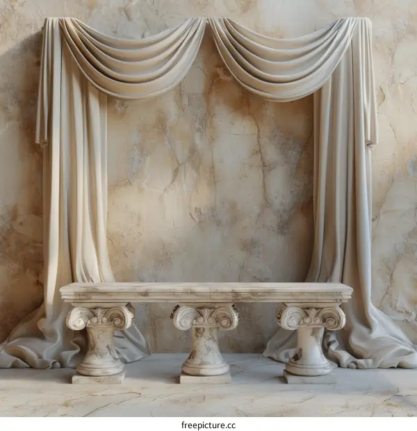 Elegant Beige Stone Bench with Drapery