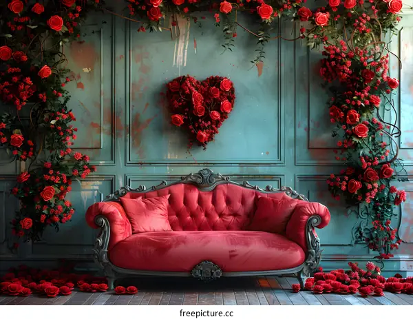 Red rose flowers background with red sofa