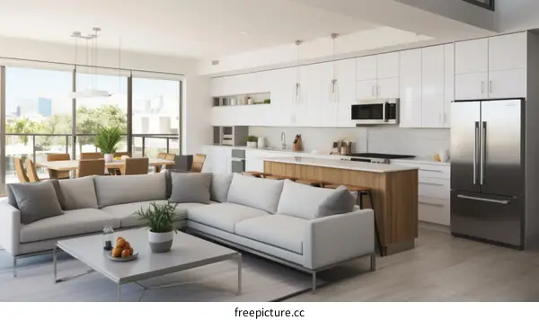 Modern Open-Plan Living Room and Kitchen with Sectional Sofa
