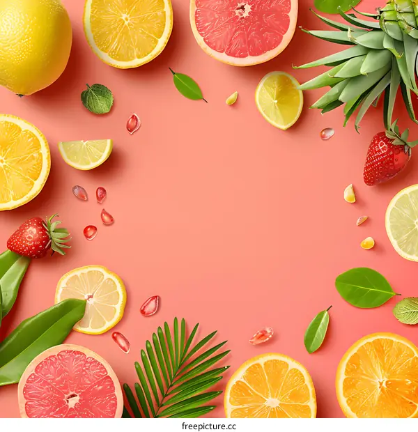 Summer Fruits Background with Lemon, Orange, Grapefruit and Pineapple