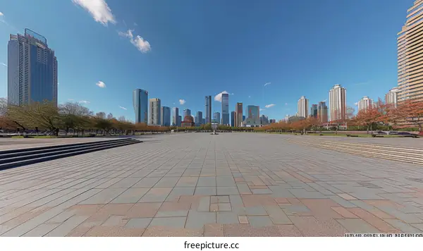 Empty City Square and Clear Blue Sky