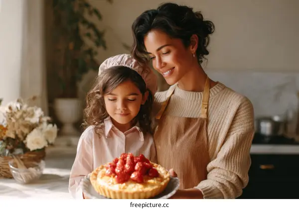 Mother and Daughter Making a Strawberry Tart
