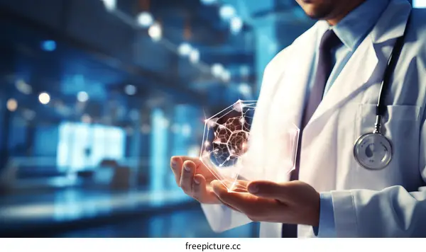 Doctor holding a glowing molecular structure in his hands