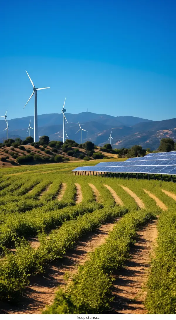 A field of solar panels and wind turbines