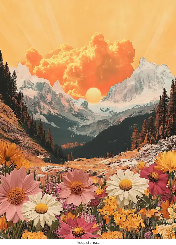 Mountain Sunrise with a Field of Flowers
