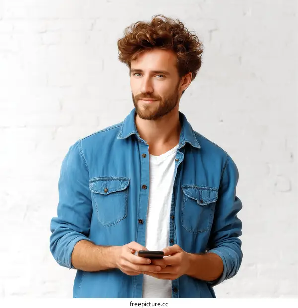 Casual Man Using Smartphone in Front of White Brick Wall