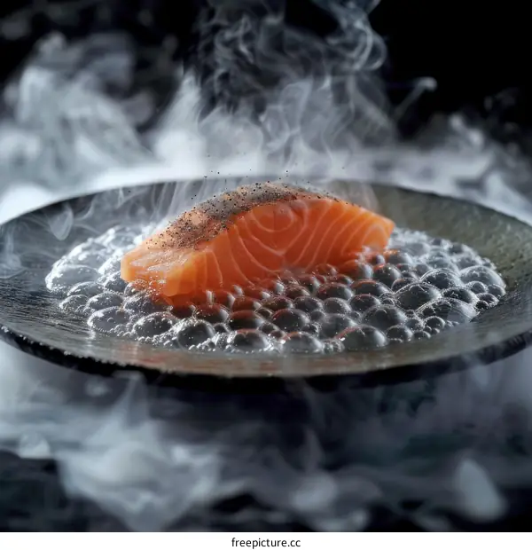 Close-up of a salmon fillet on a black plate with smoke