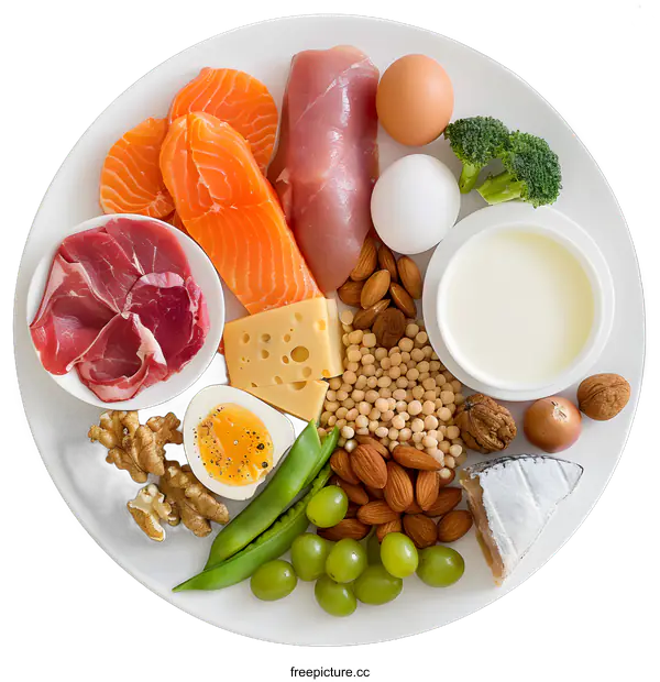 [Transparent Background PNG]Plate of Healthy Foods with Salmon, Chicken, Eggs, Cheese and Nuts