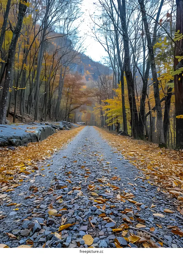 Autumn forest road covered with leaves