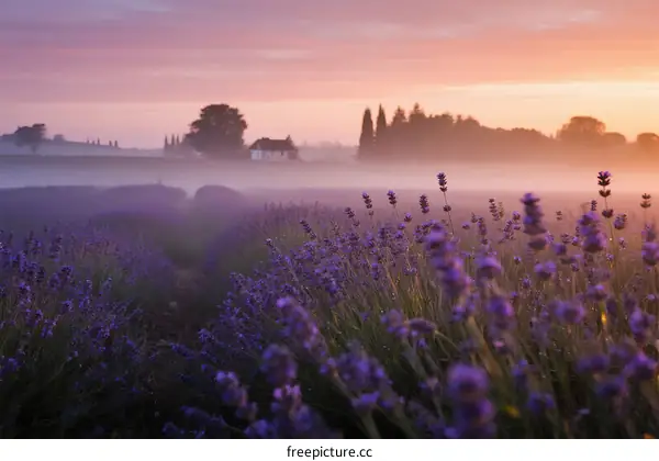 Beautiful Lavender Field at Sunrise with Morning Mist and Trees