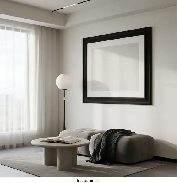 Minimalist living room with large framed art and modern furniture