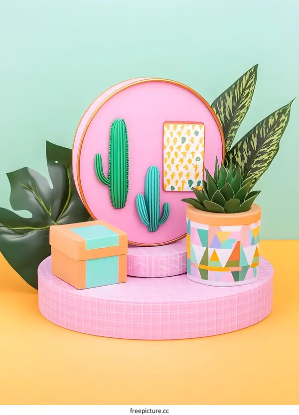Cactus and Geometric Patterns on Pastel Background