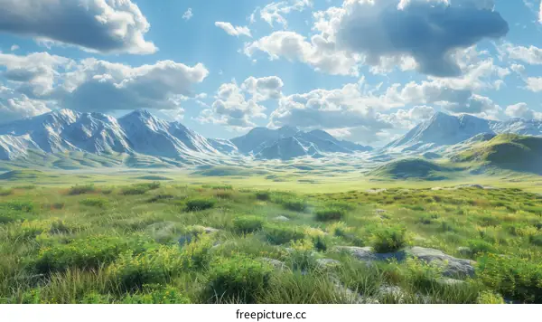 Scenic Mountain Range with Lush Green Fields