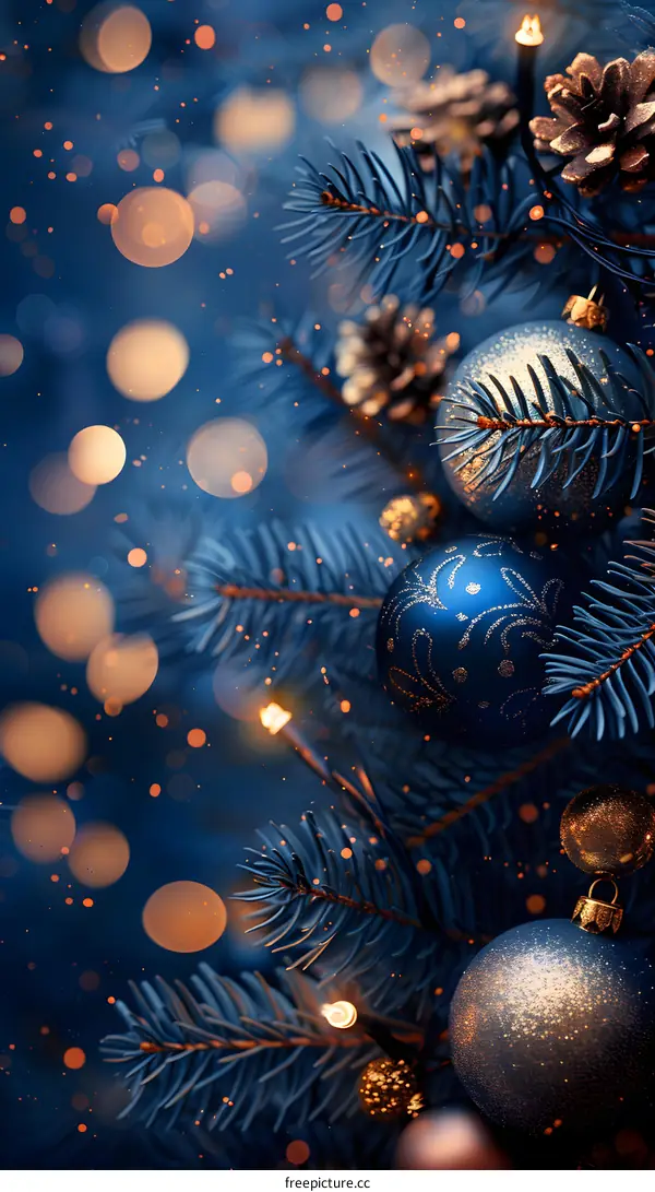 Christmas tree with blue and gold ornaments