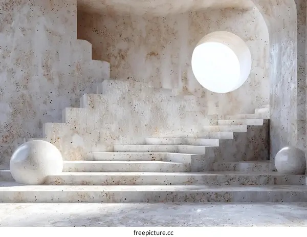 3d rendering empty concrete room with arch and stairs