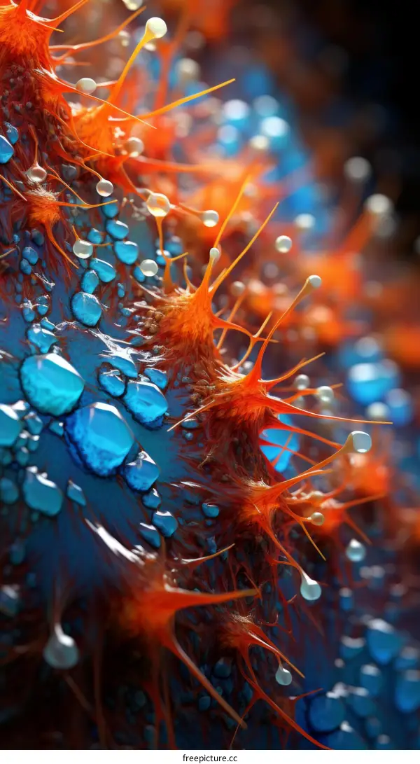 Abstract close-up image of a spiky plant with blue water droplets