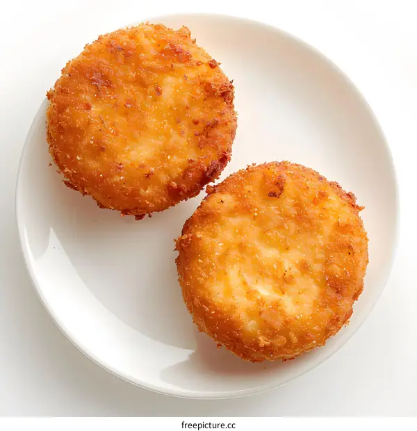 Two Fried Potato Patties on White Plate