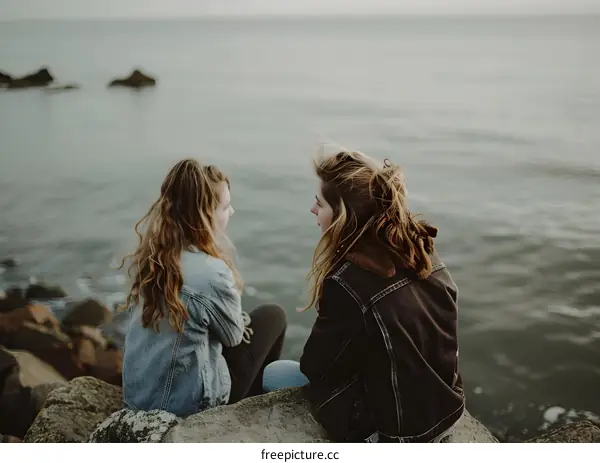 Two Young Women Sitting On Rocks By The Ocean