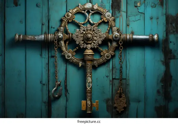 ornate vintage door lock with a large key