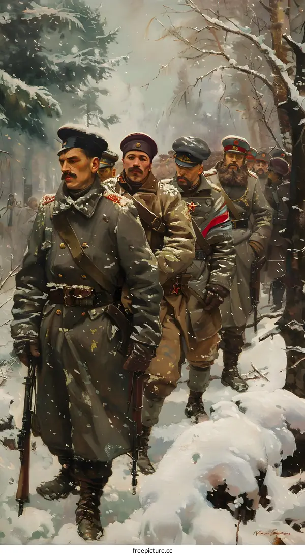 A group of soldiers wearing winter coats and carrying rifles march through a snowy forest