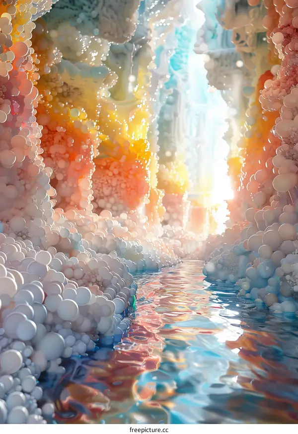 Mystical Cave with Glowing Crystals and Tranquil River