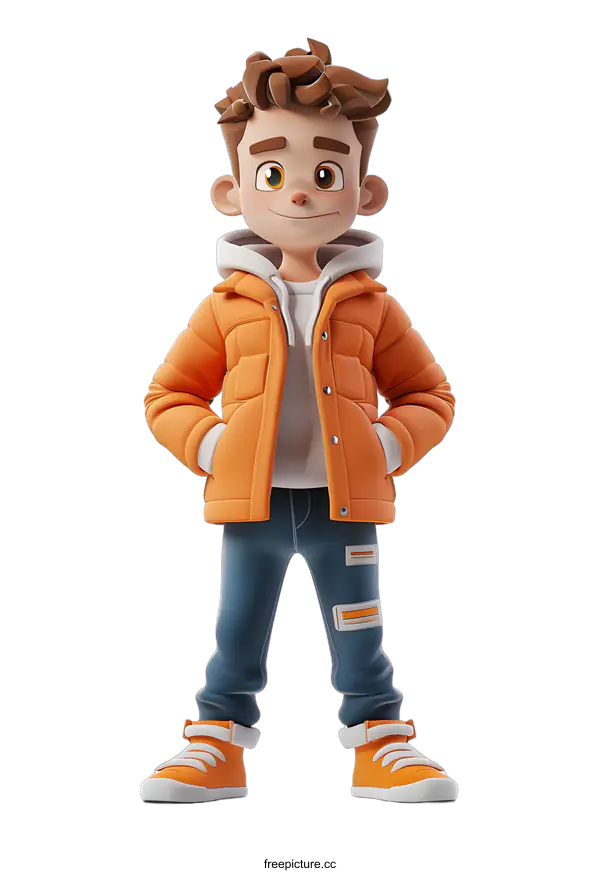 [Transparent Background PNG]3D rendering of a young boy in a puffy orange jacket