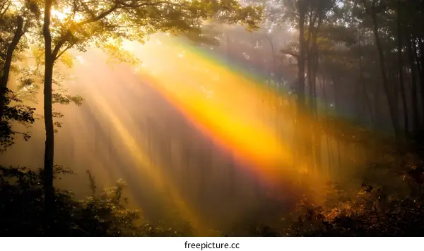 Sunbeams and Rainbow in Misty Forest