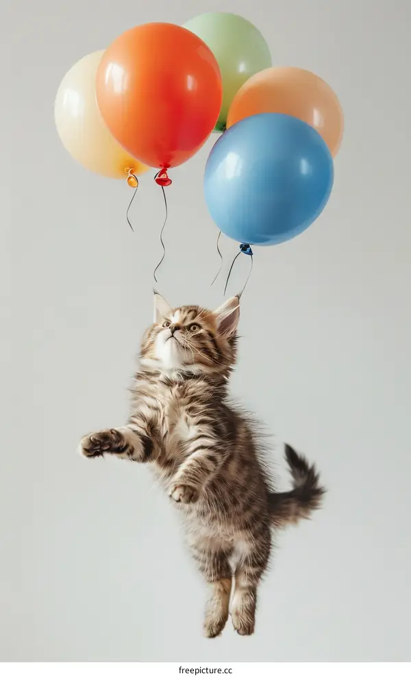 A Kitten Carried Away by Balloons