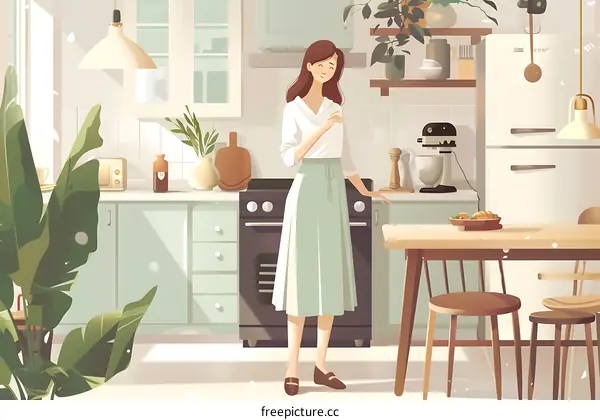 Woman Standing in a Modern Kitchen with a Green Skirt and White Shirt