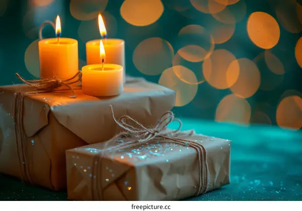 Three candles on a gift box with a blurred background