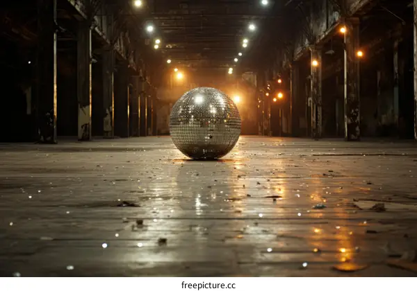 Disco ball in an abandoned warehouse