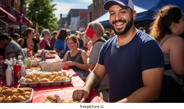 Hispanic man smiling while standing at a table of food at an outdoor festival
