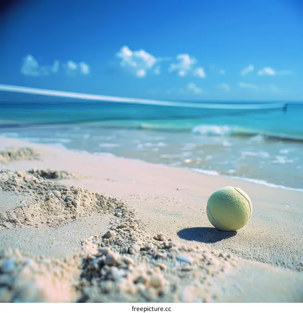 Tennis ball on the beach with a tennis net in the background