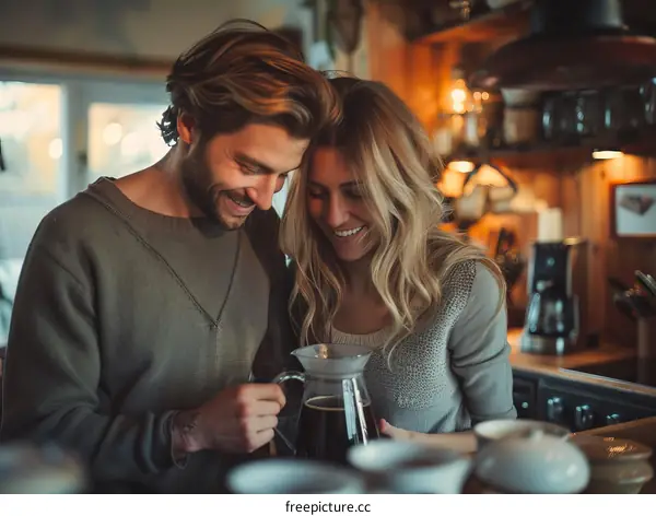 Smiling couple making coffee together in the kitchen