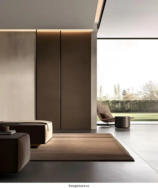 Modern Interior Design with Brown Panel Wall and Beige Carpet