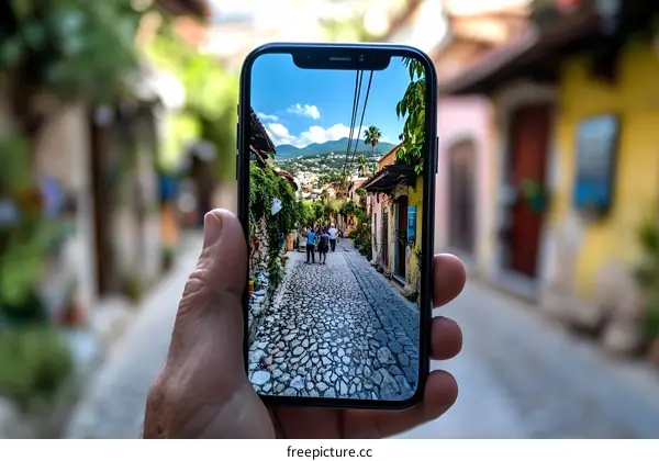 Smartphone Capturing a Street Scene in a European City
