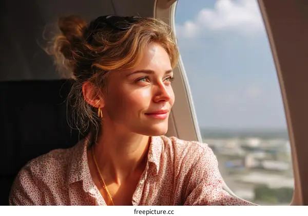 Woman Looking Out Airplane Window Travel Journey