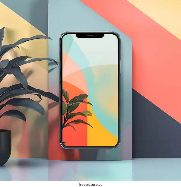 Minimalist Phone Mockup with Abstract Background and Plant
