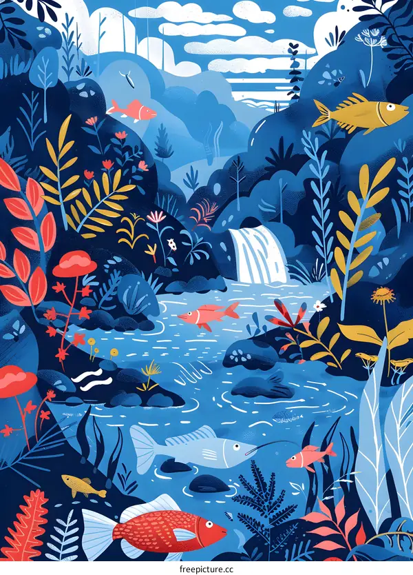 Blue And Yellow Abstract Floral Nature Illustration