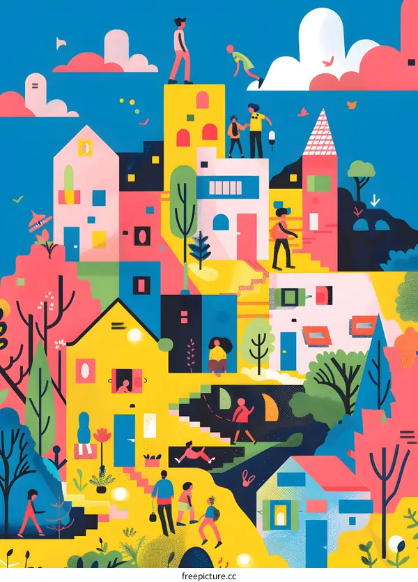 Colorful Illustration of a City with People and Buildings
