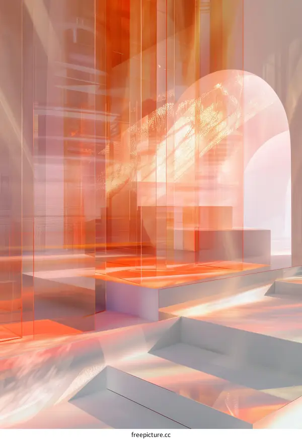 An empty stage with orange lighting and glass-like walls