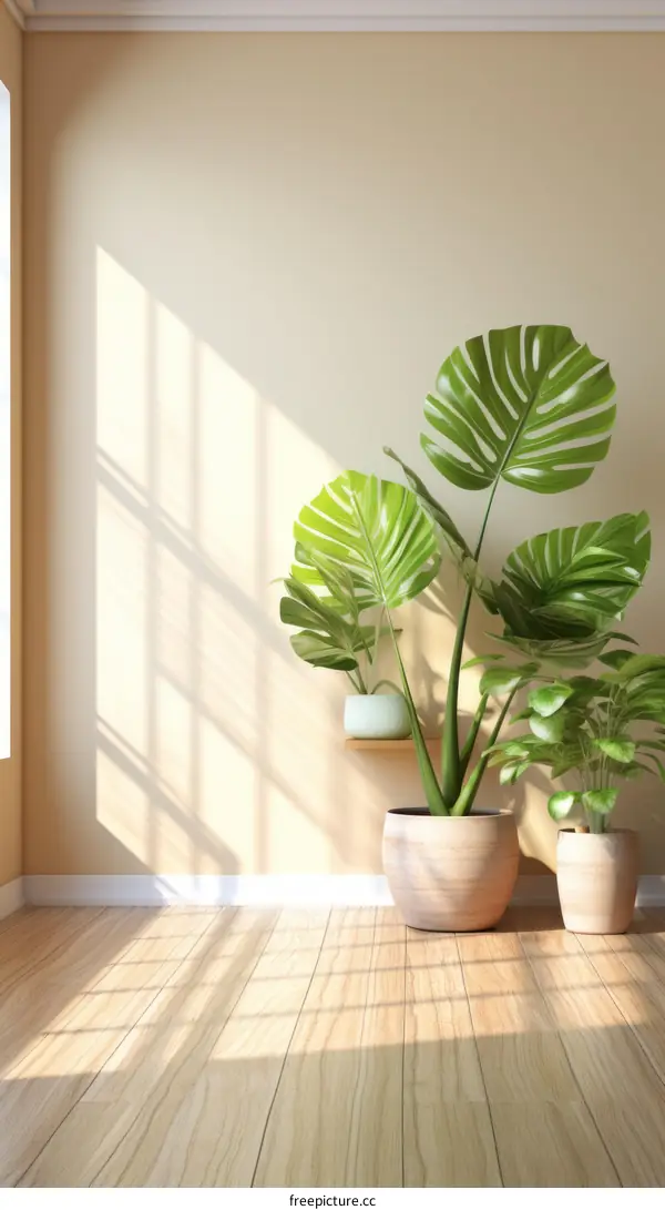 Indoor plants in pots by a large window